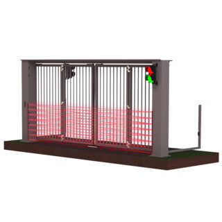 Render van een speedgate met bovengeleiding met een fotocelgordijn.